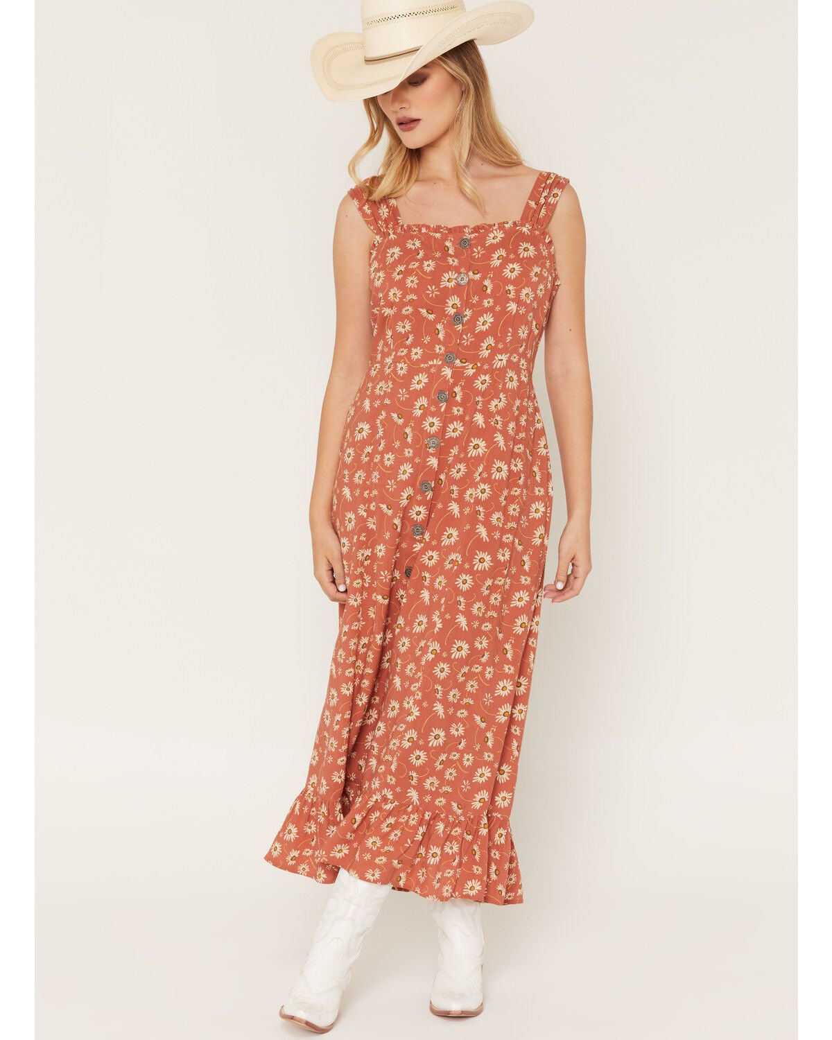 Image #1 - Cotton & Rye Women's Boot Barn Exclusive Ditsy Daisy Floral Print Sleeveless Button-Down Midi Dress, Rust Copper, hi-res