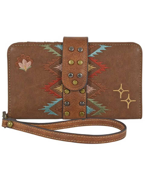 Image #1 - Catchfly Women's Embroidered Wristlet Wallet, Brown, hi-res