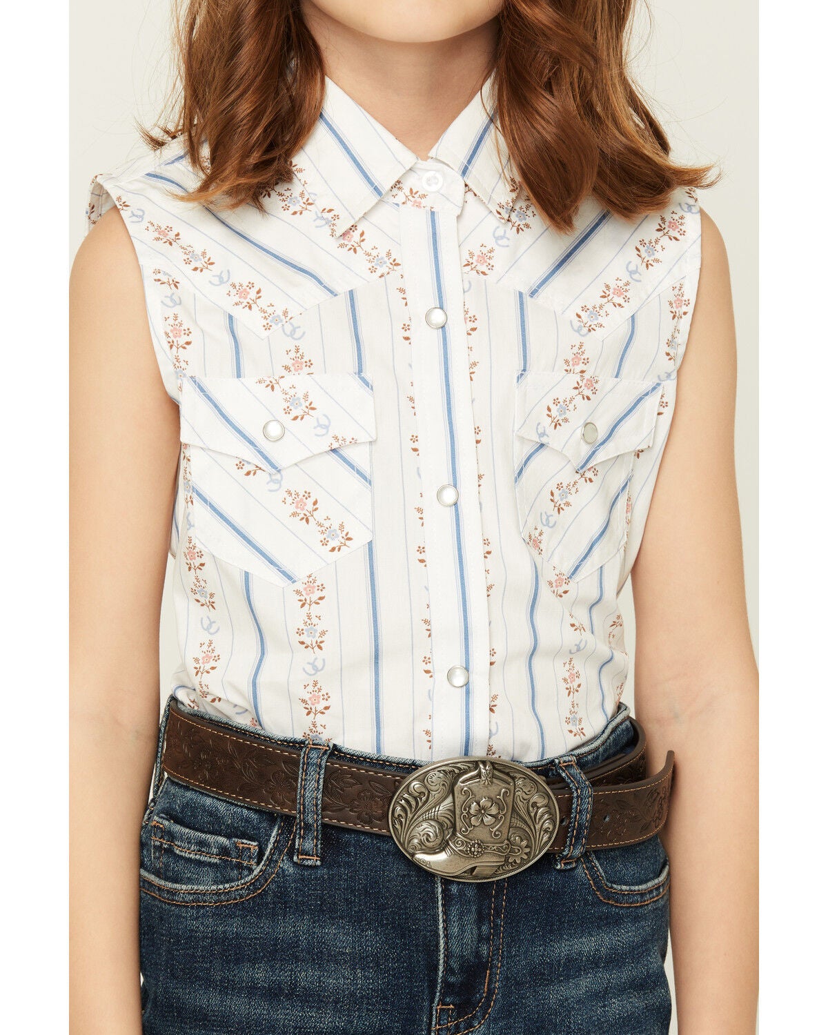 Image #3 - Ely Walker Girls' Horseshoe Wallpaper Sleeveless Snap Western Shirt, White, hi-res