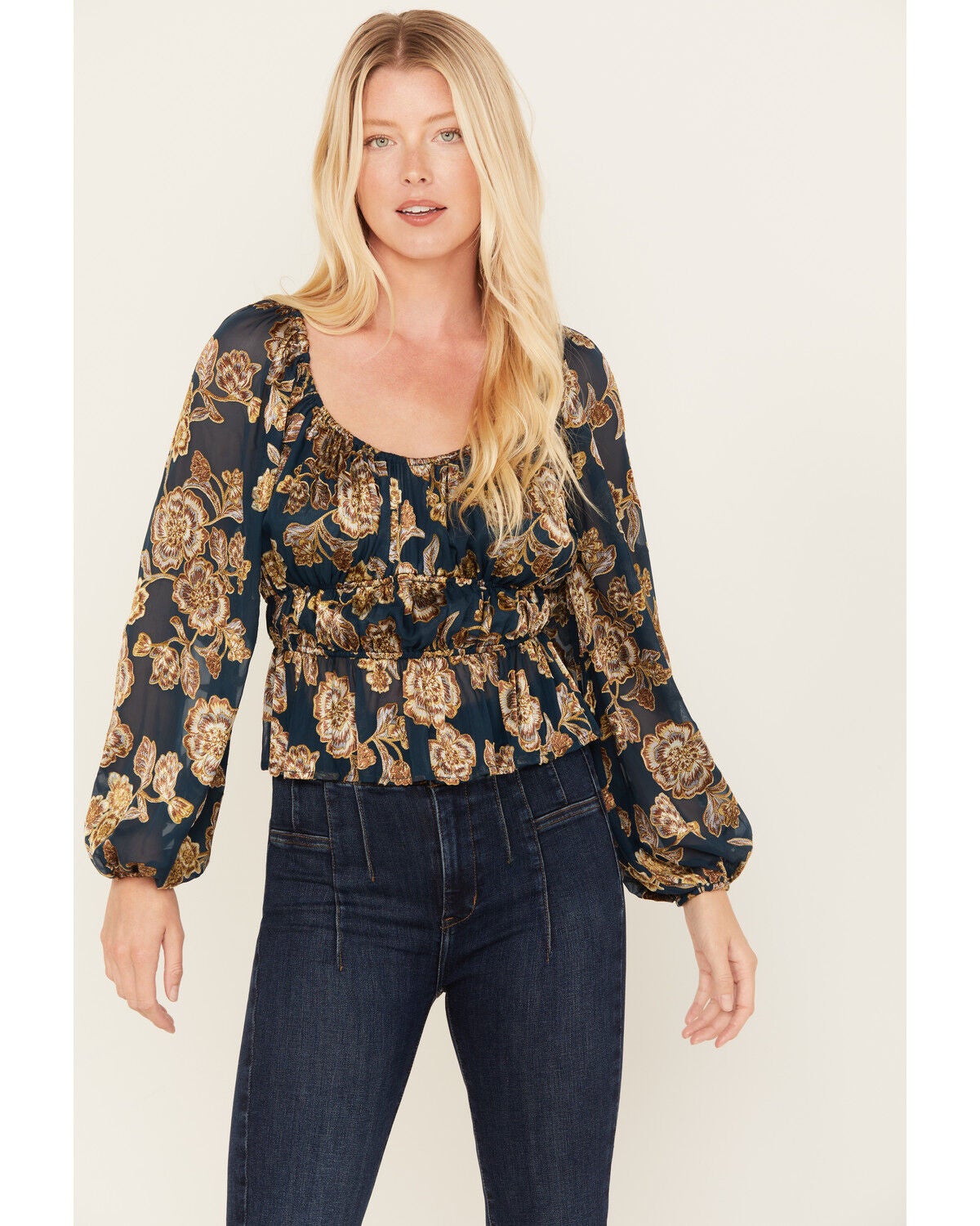 Image #1 - Shyanne Women's Floral Print Burnout Top, Dark Blue, hi-res