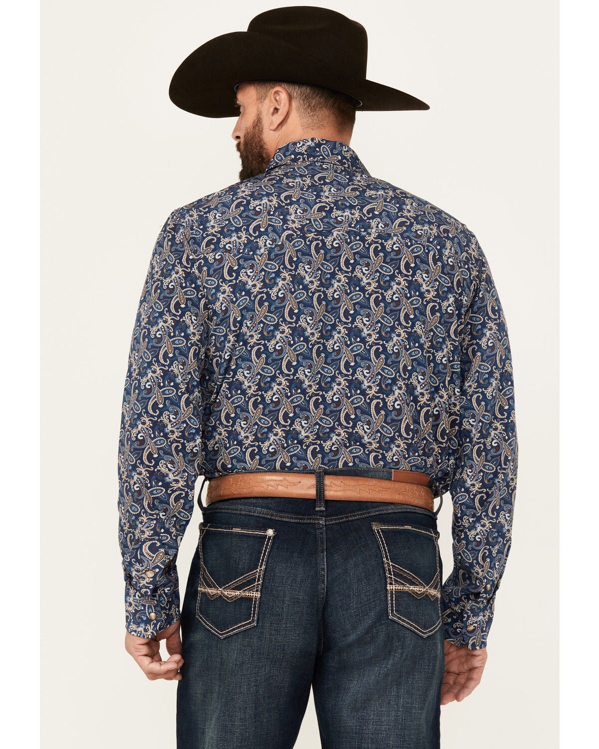 Image #4 - Panhandle Men's Paisley Print Long Sleeve Snap Performance Stretch Western Shirt, Navy, hi-res