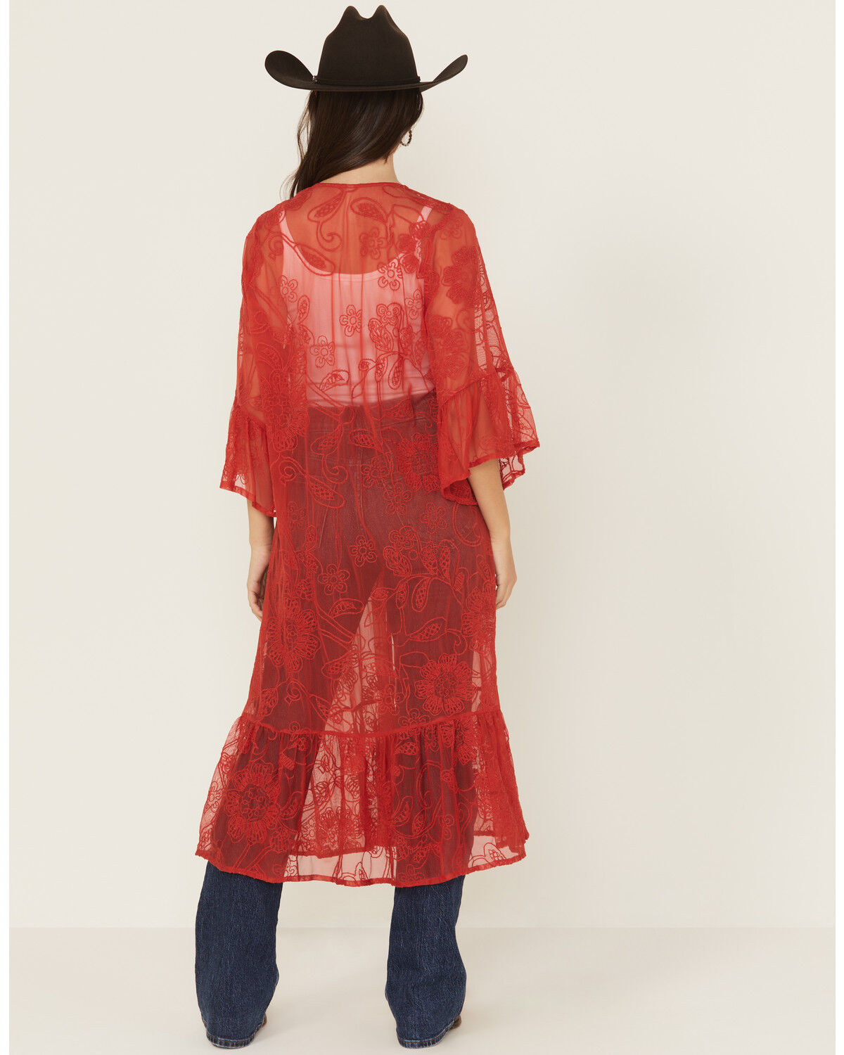 Image #4 - Shyanne Women's Tie-Front Embroidered Mesh Kimono, Red, hi-res