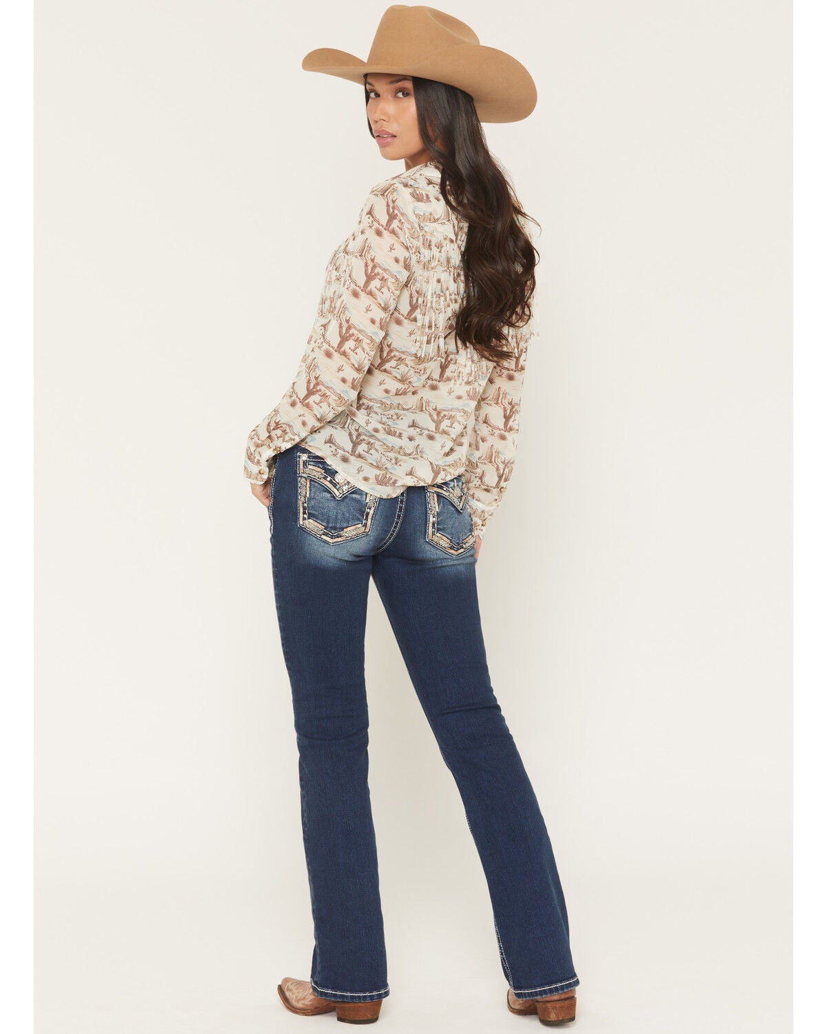 Miss Me Women's Medium Wash Mid Rise Border Pocket 32" Bootcut Stretch Denim Jeans, Medium Wash, hi-res