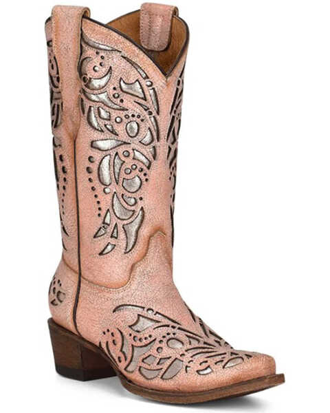 Corral Girls' Pink Inlay & Embroidery Western Boots - Square Toe, Pink, hi-res