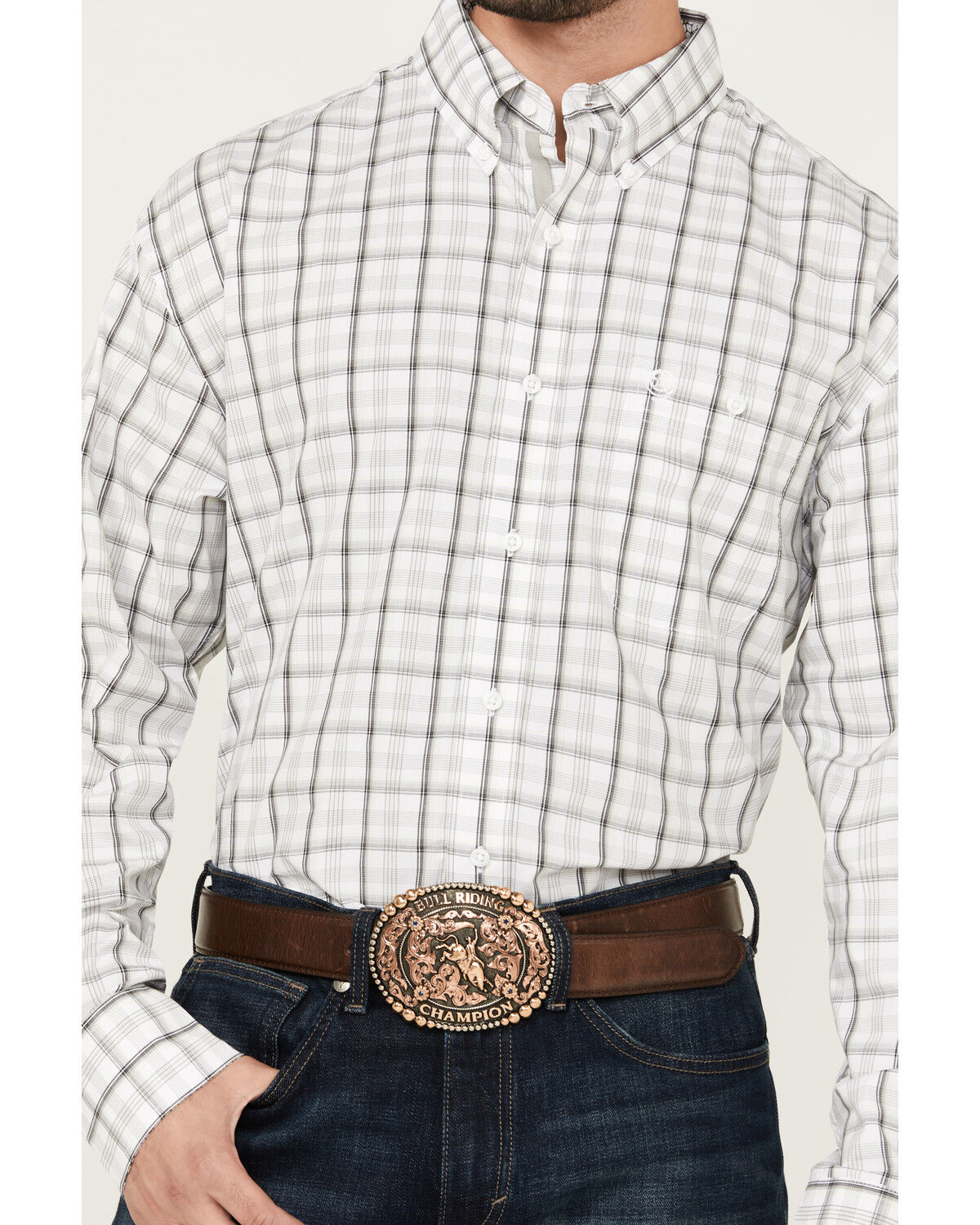 Image #3 - George Strait by Wrangler Men's Plaid Print Long Sleeve Button-Down Stretch Western Shirt, White, hi-res