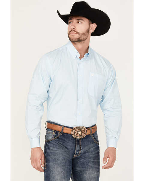 Cinch Men's Geo Print Long Sleeve Button-Down Western Shirt, Light Blue, hi-res