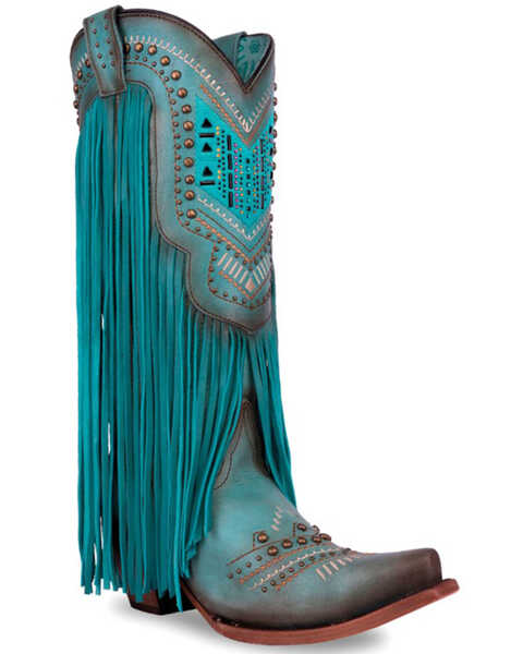 Corral Women's Embellished Fringe Western Boots - Snip Toe , Turquoise, hi-res