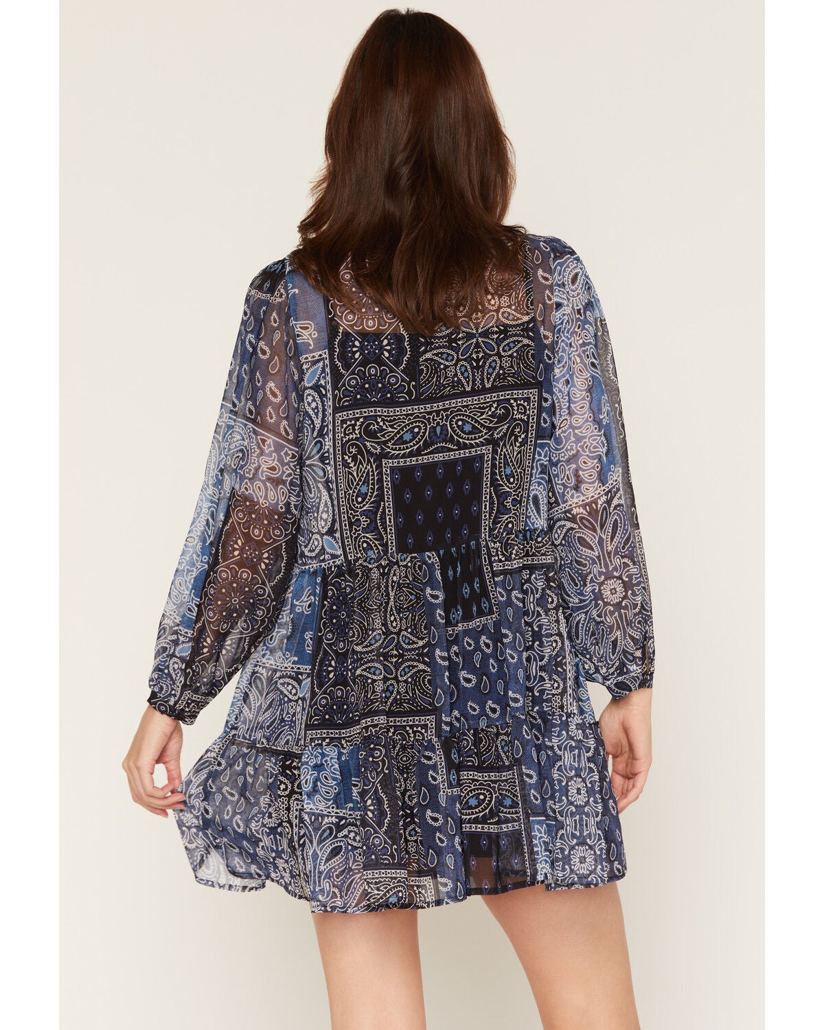 Image #4 - Lili Sidonio Women's Bandana Print Long Sleeve Button-Front Sheer Mini Dress, Navy, hi-res