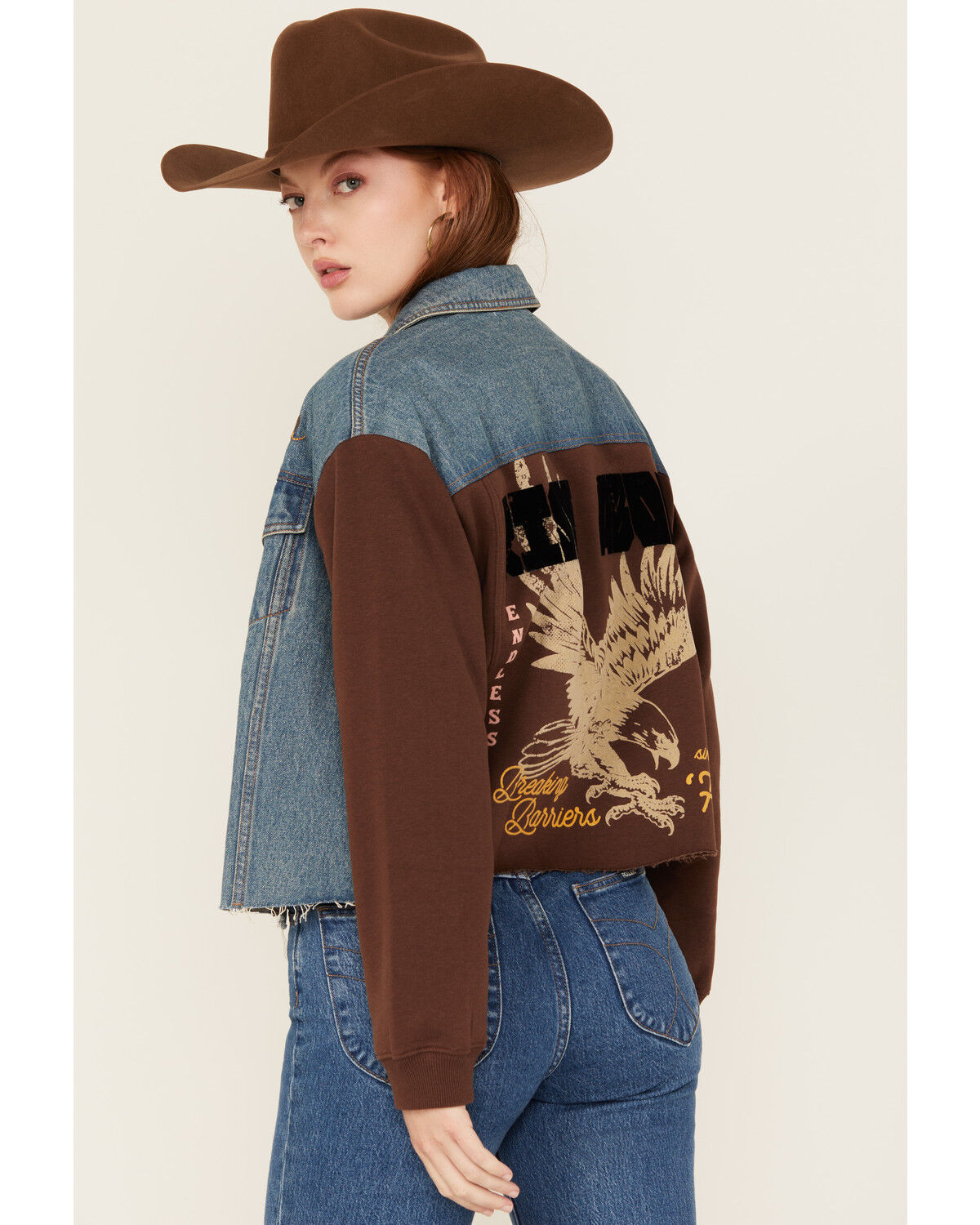 Image #1 - Cleo + Wolf Women's Mixed Material Graphic Jacket, Brown, hi-res