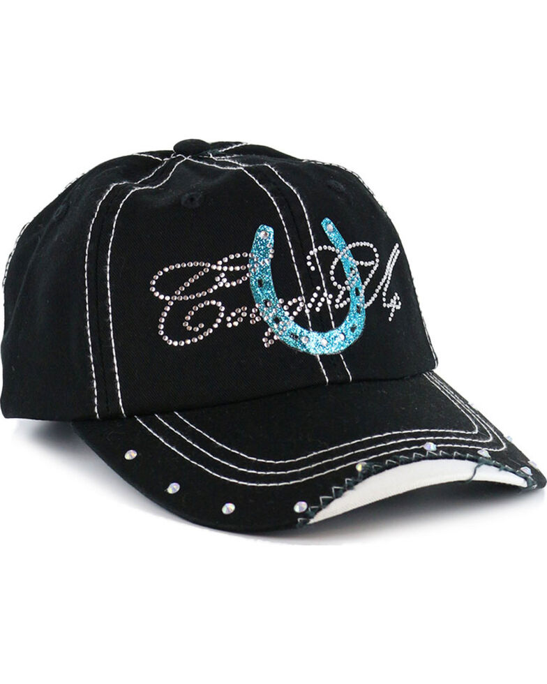Cowgirl Up Women's Rhinestone Horseshoe Ball Cap , Black/blue, hi-res