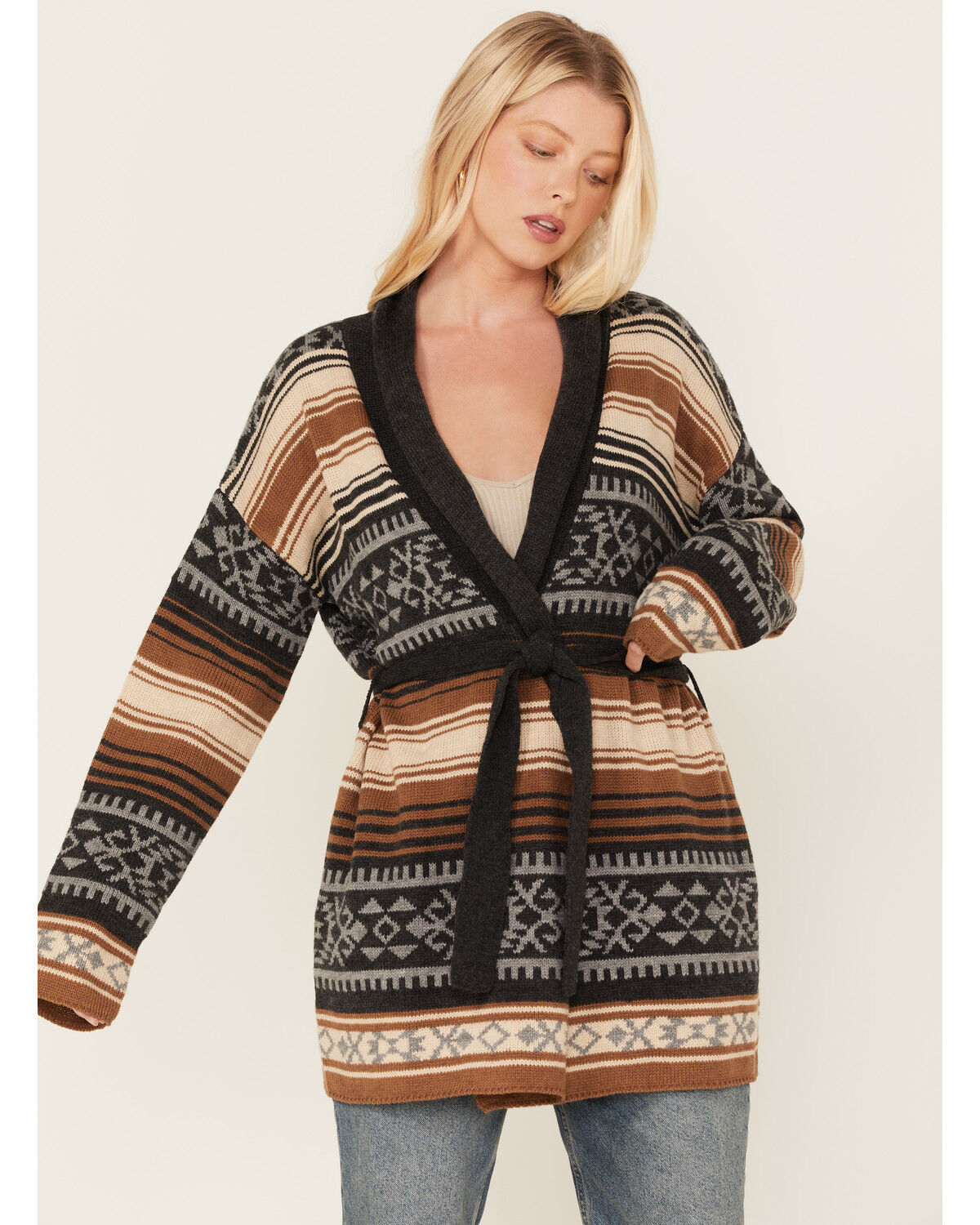 Image #1 - Stetson Women's Southwestern Print Knit Cardigan Sweater, Brown, hi-res