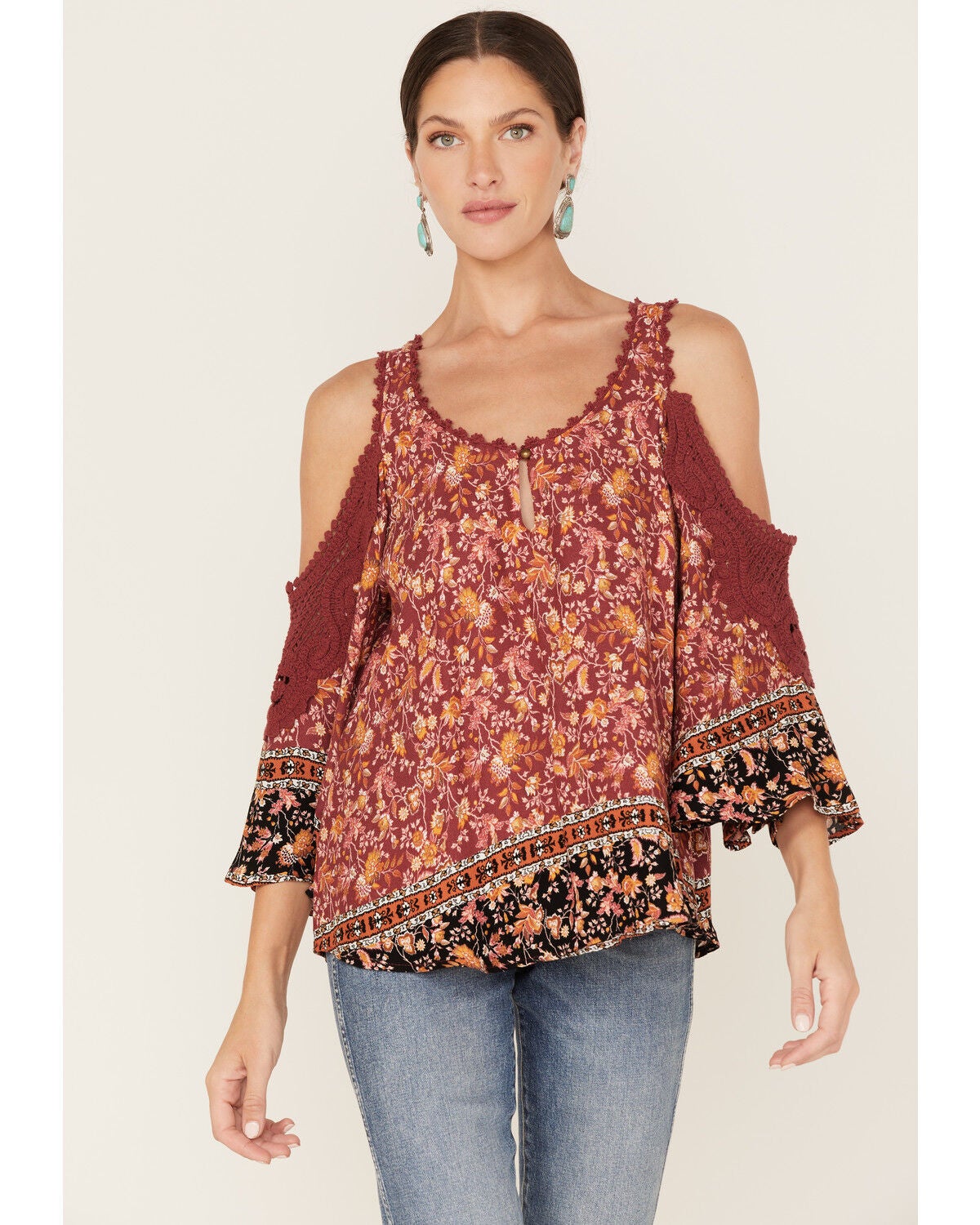 Wild Moss Women's Floral Print Cold Shoulder Top, Rust Copper, hi-res