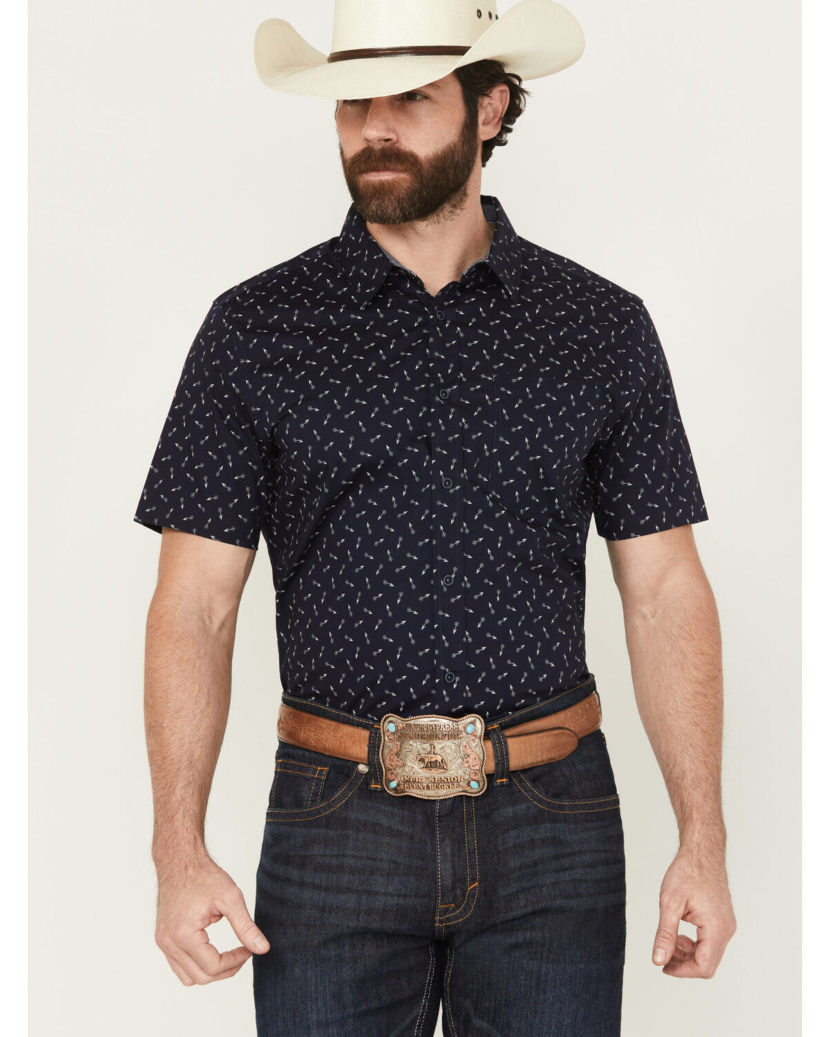 Image #1 - Cody James Men's Idaho Geo Print Short Sleeve Button-Down Stretch Western Shirt, Navy, hi-res