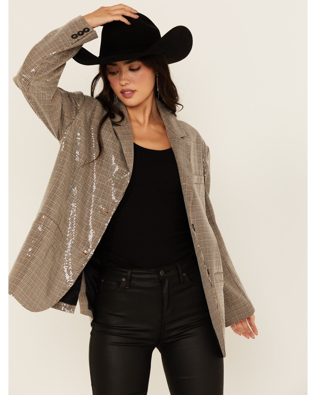 Image #1 - Mystree Women's Plaid Print Sequin Blazer, Grey, hi-res