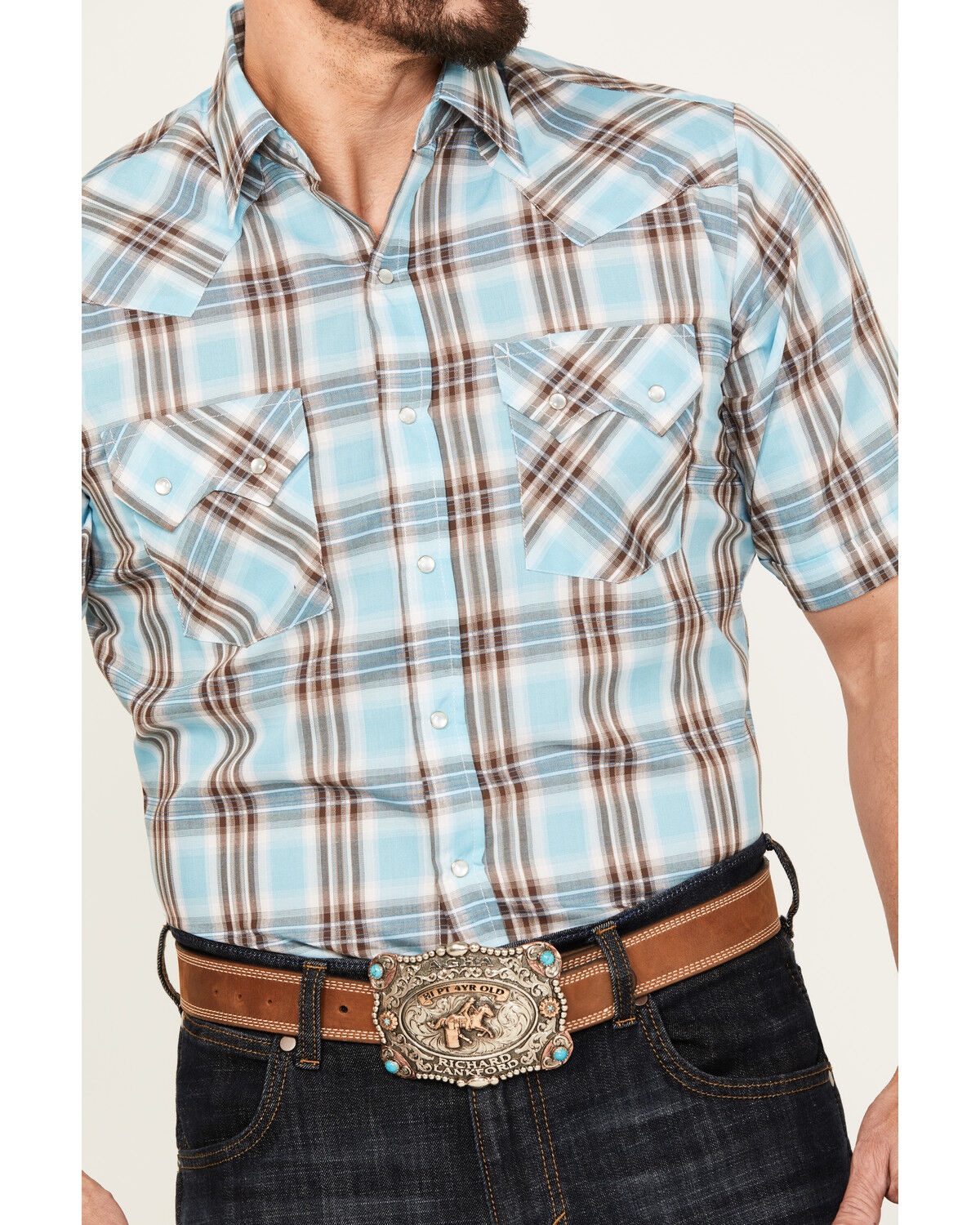 Image #3 - Ely Walker Men's Plaid Print Short Sleeve Pearl Snap Western Shirt, Aqua, hi-res