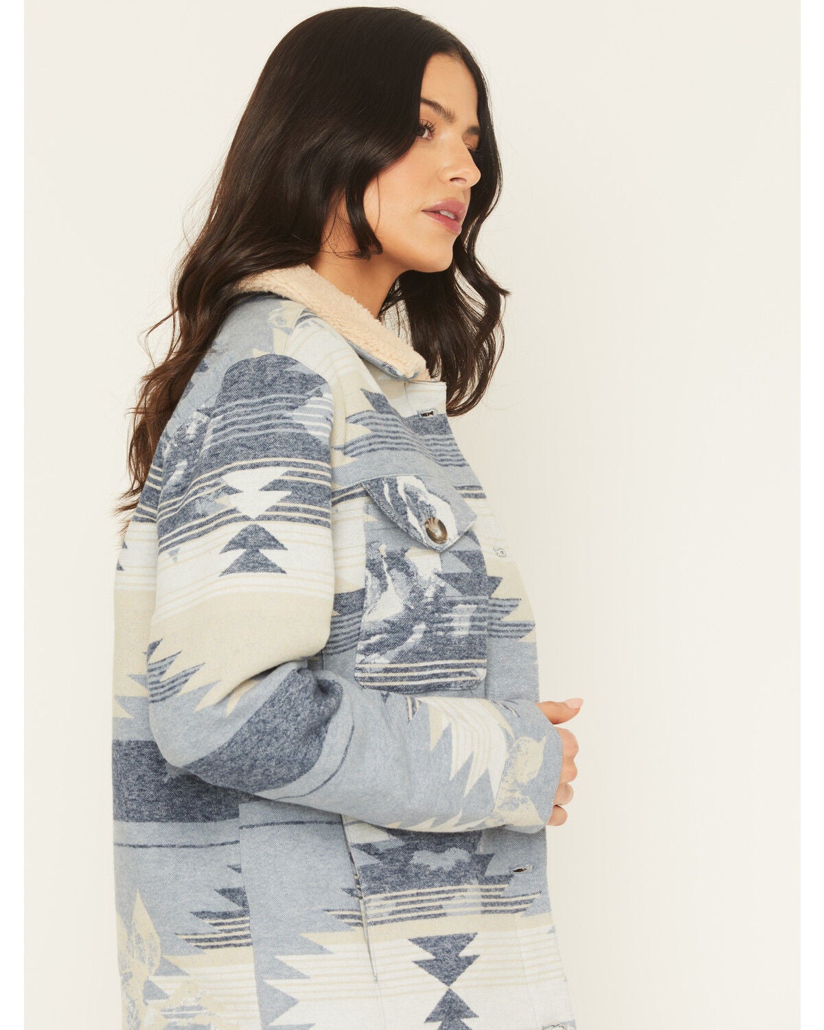 Image #2 - Idyllwind Women's Bluerose Southwestern Floral Print Sherpa Lined Jacket, Light Blue, hi-res