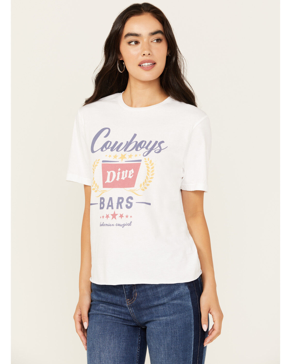 Image #1 - Bohemian Cowgirl Women's Cowboys & Dive Bars Short Sleeve Cropped Graphic Tee, White, hi-res