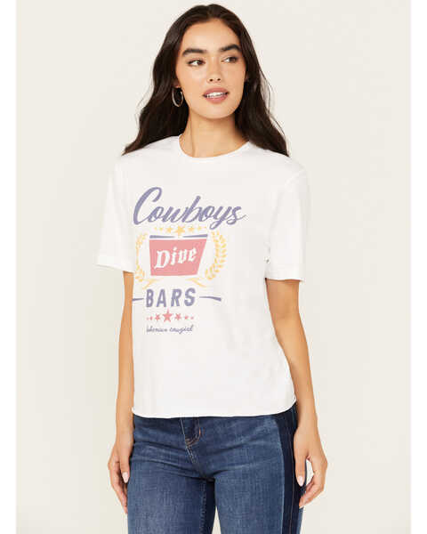Bohemian Cowgirl Women's Cowboys & Dive Bars Short Sleeve Cropped Graphic Tee, White, hi-res