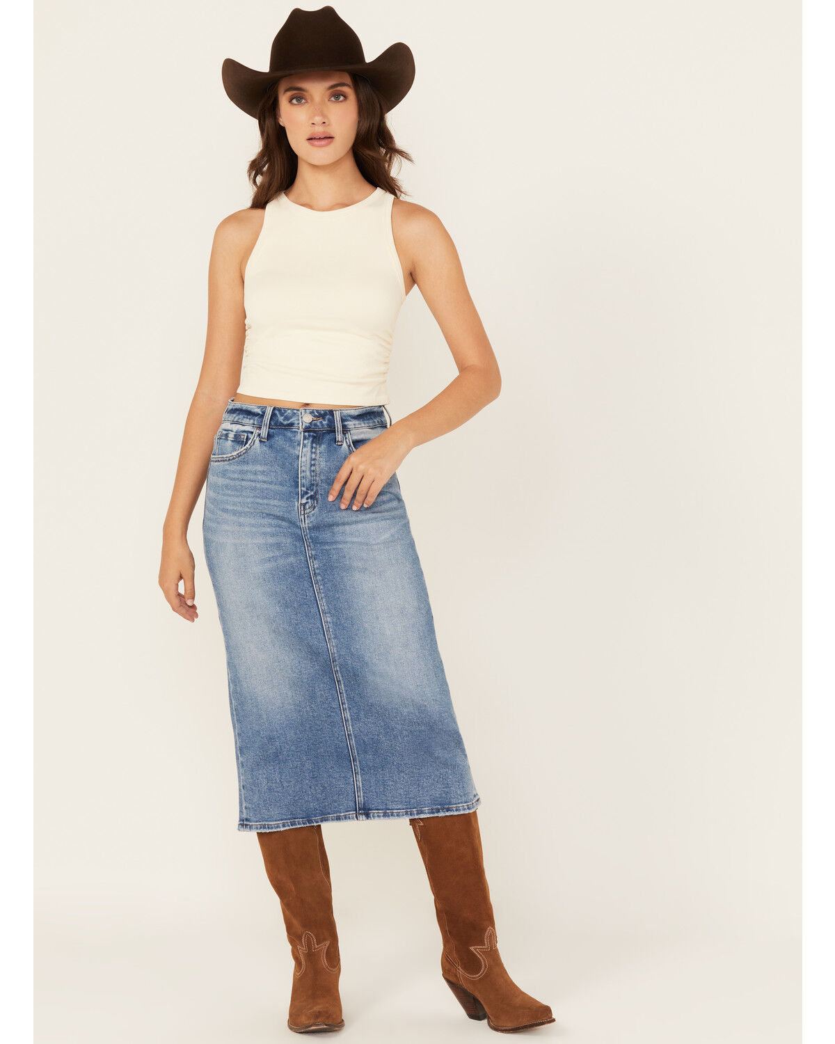 Image #1 - Vervet Women's Medium Wash Denim Midi Skirt, Medium Wash, hi-res