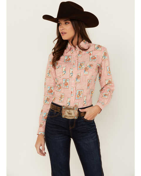Image #1 - Panhandle Women's Rodeo Poster Print Long Sleeve Pearl Snap Western Shirt , Pink, hi-res