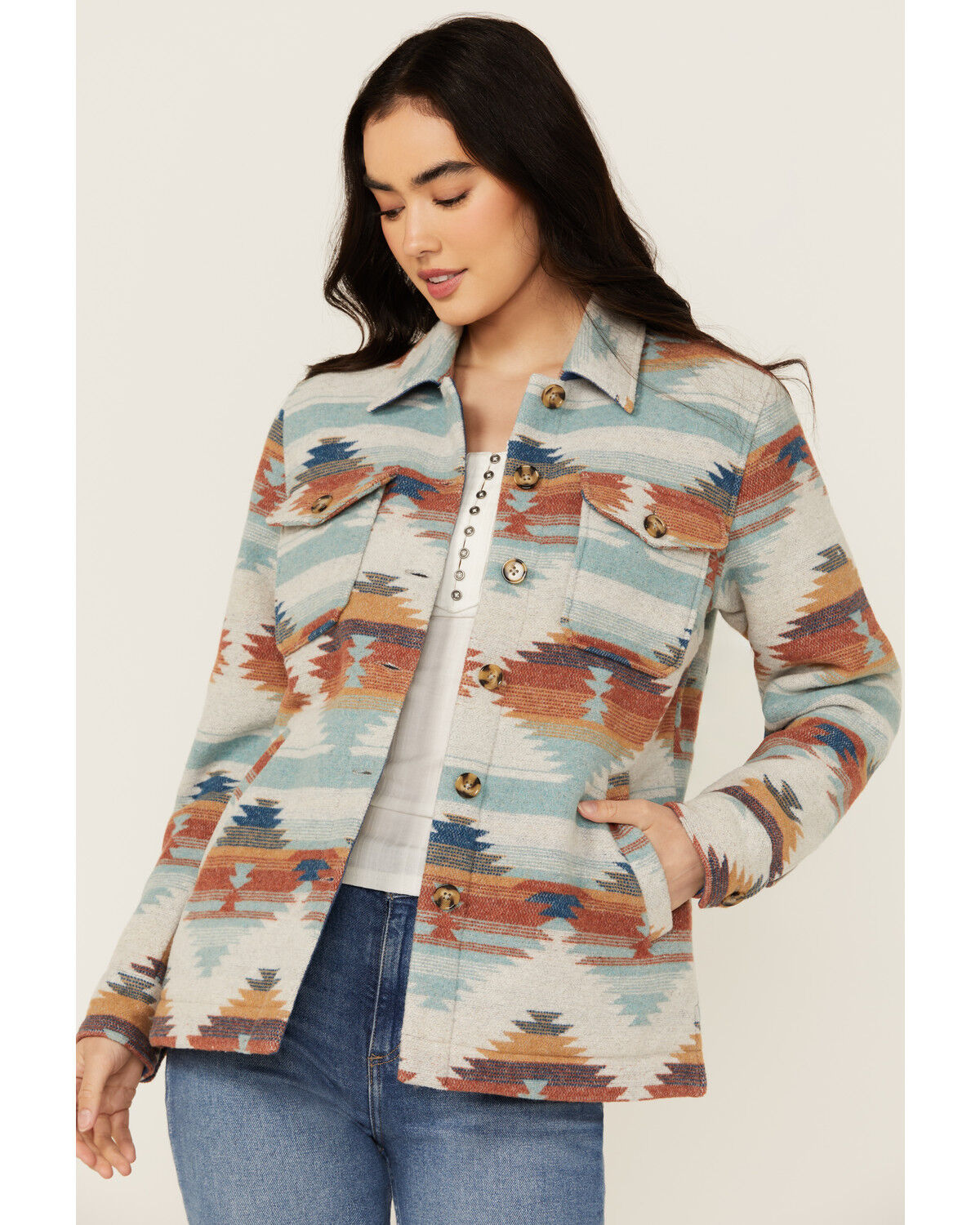 Image #2 - Idyllwind Women's Dusk Southwestern Print Shacket, Stone, hi-res