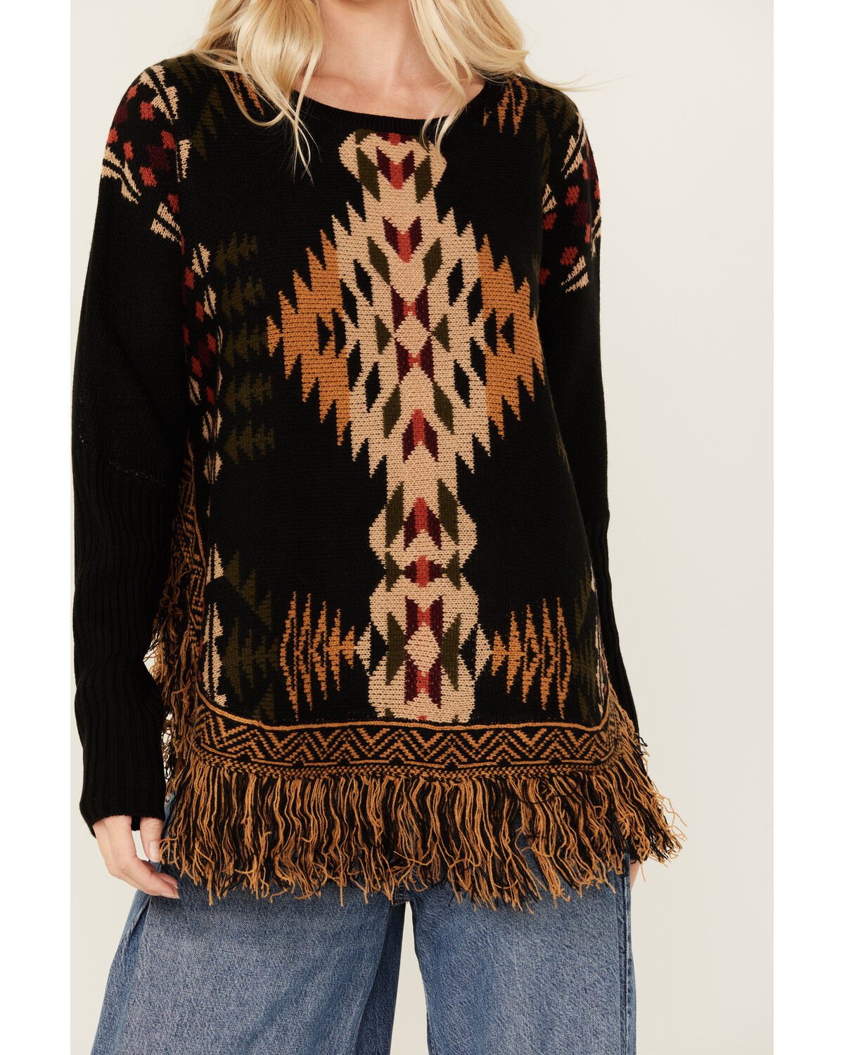 Image #2 - Cotton & Rye Women's Southwestern Fringe Pancho Sweater, , hi-res
