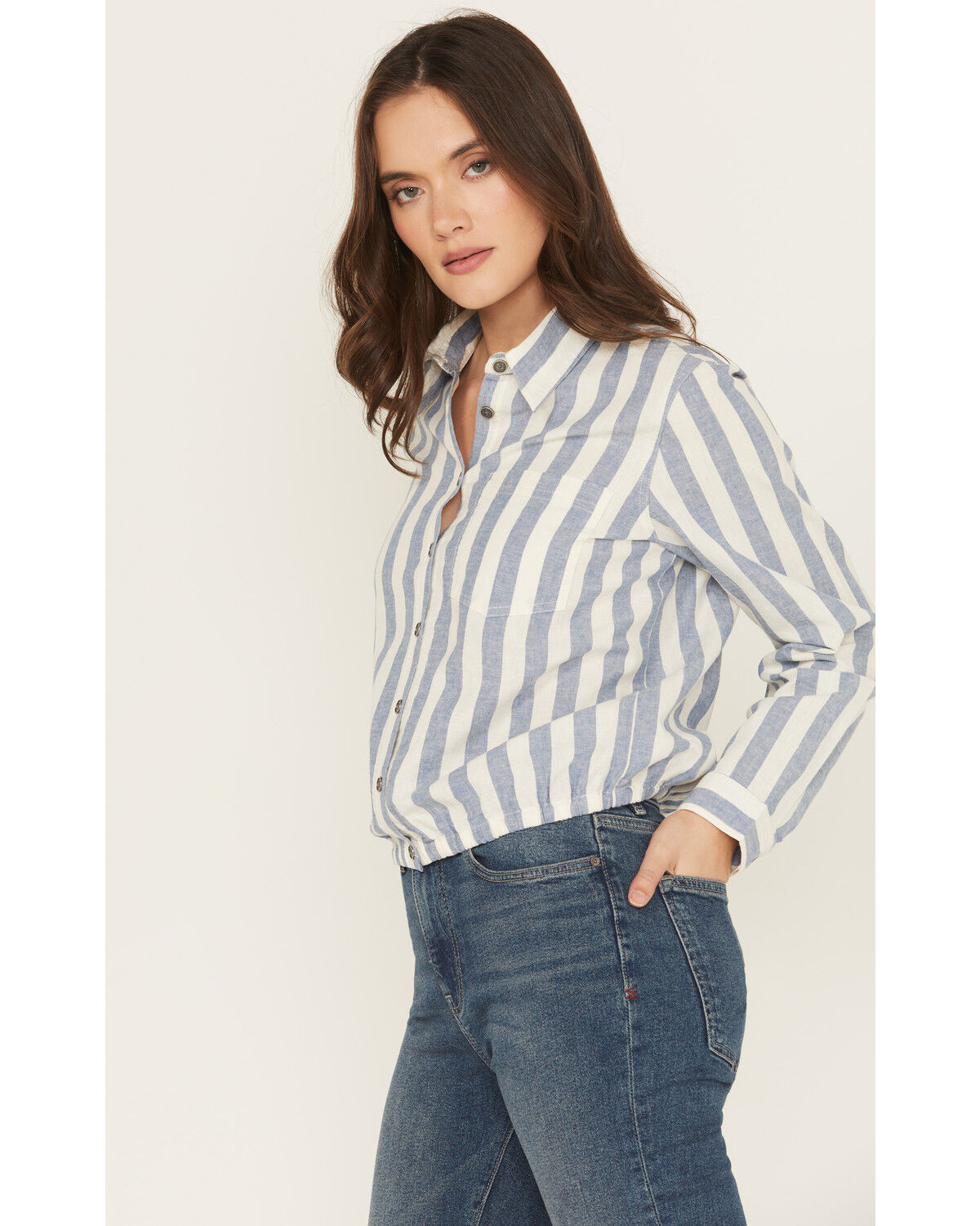 Image #2 - Cleo + Wolf Women's Erica Striped Print Long Sleeve Button-Down Western Shirt, Steel Blue, hi-res