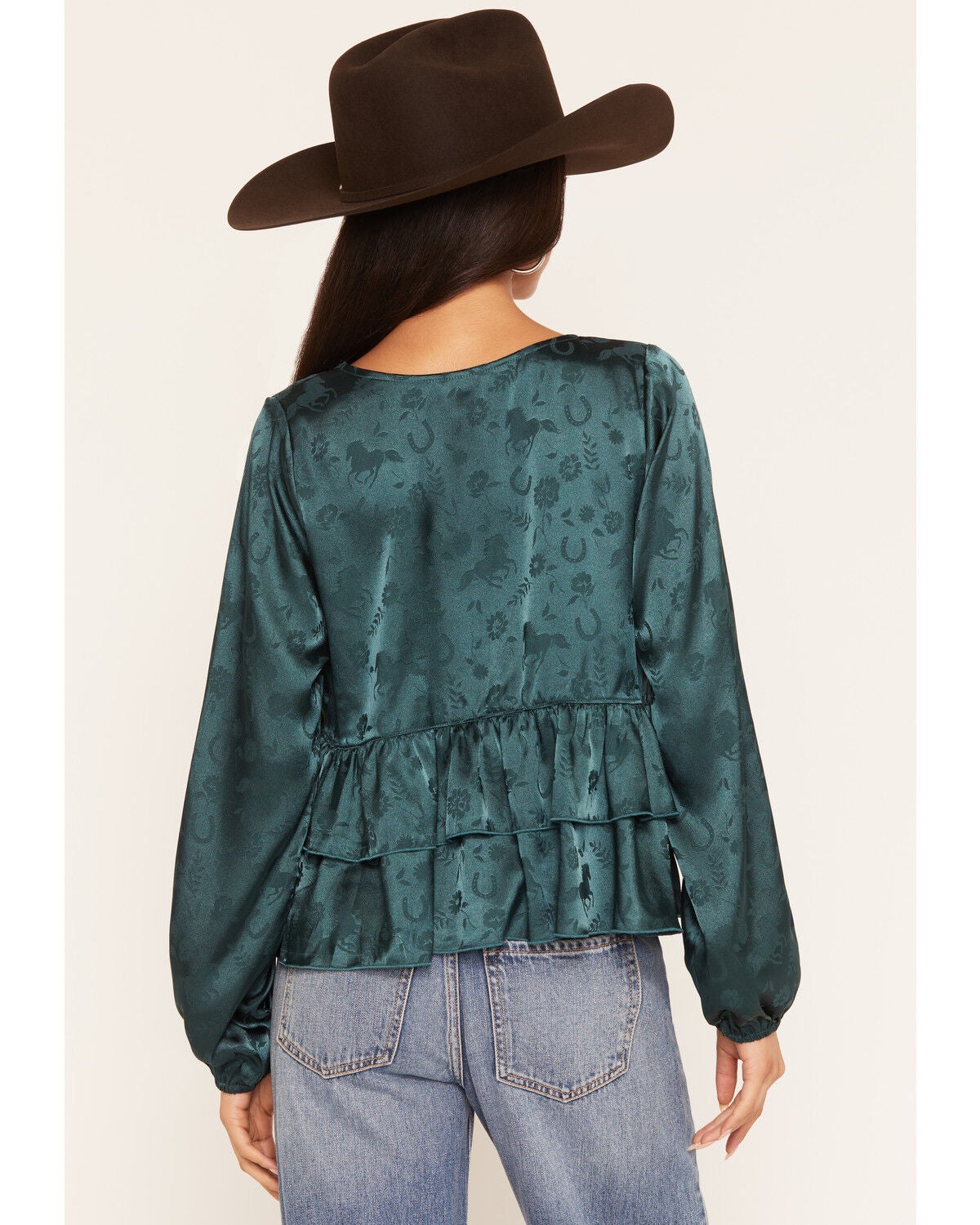 Image #4 - Wild Moss Women's Western Jacquard Front Tie Blouse, Blue, hi-res