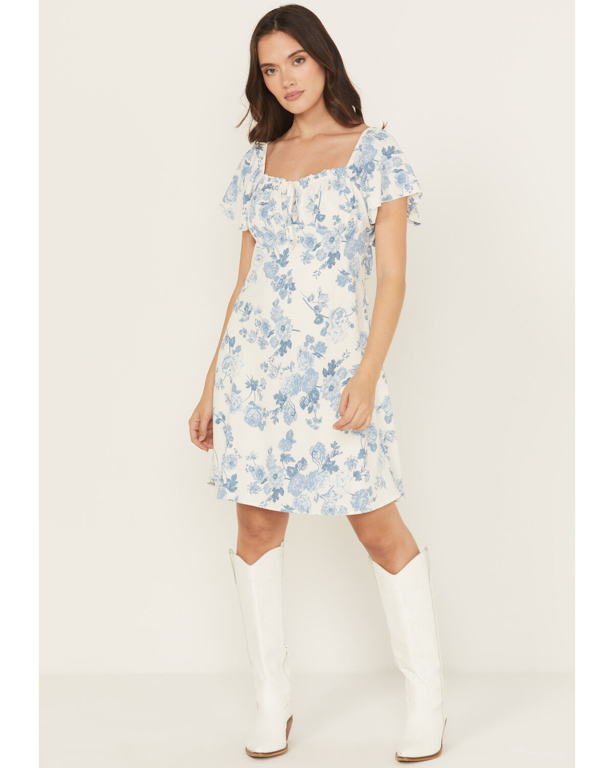 Image #1 - Shyanne Women's Floral Print Tie Front Mini Dress, White, hi-res