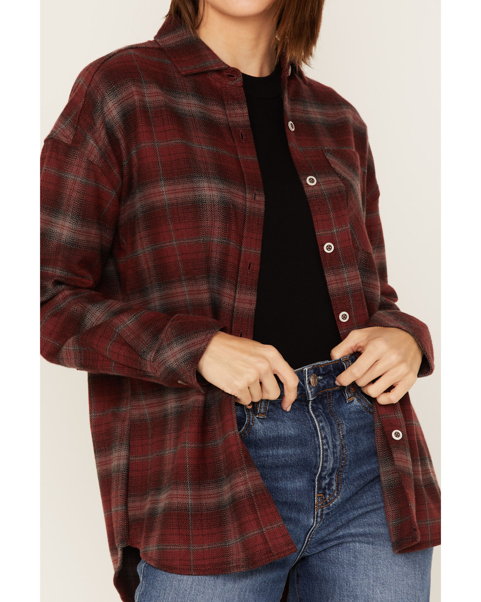 Image #3 - North River Women's Plaid Print Long Sleeve Button Down Boyfriend Shirt, Burgundy, hi-res