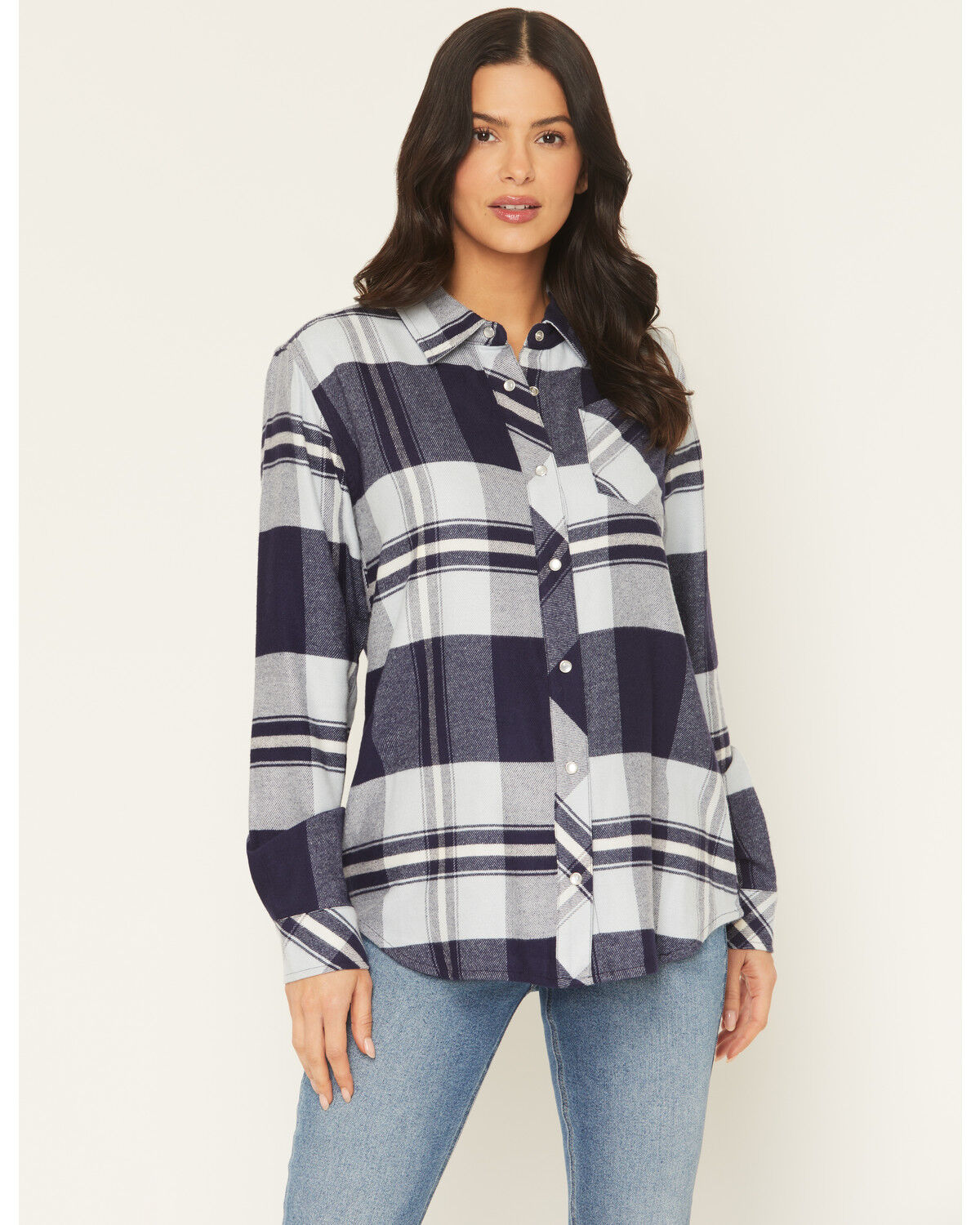 Image #1 - Idyllwind Women's Shadowood Plaid Print Long Sleeve Snap Flannel Shirt, Indigo, hi-res