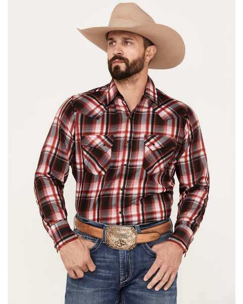 Ely Walker Men's Plaid Print Long Sleeve Snap Western Shirt , Red, hi-res