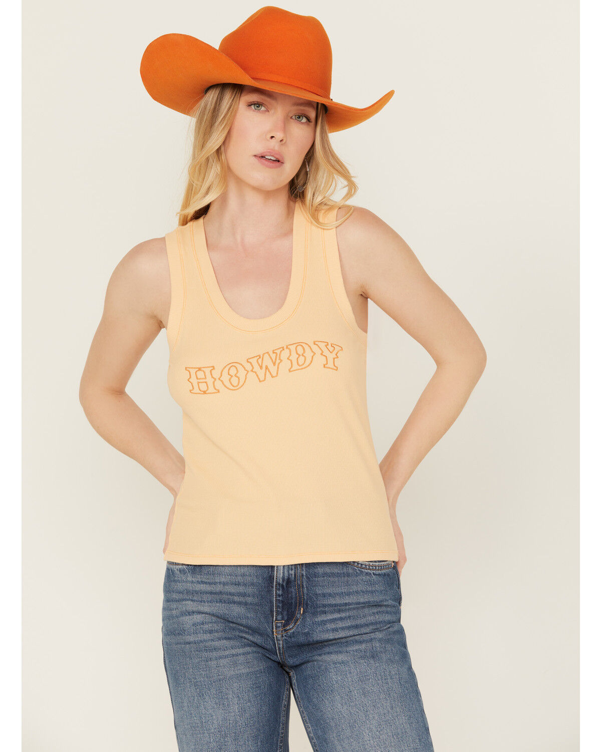 Image #1 - White Crow Women's Howdy Embroidered Tank, Orange, hi-res