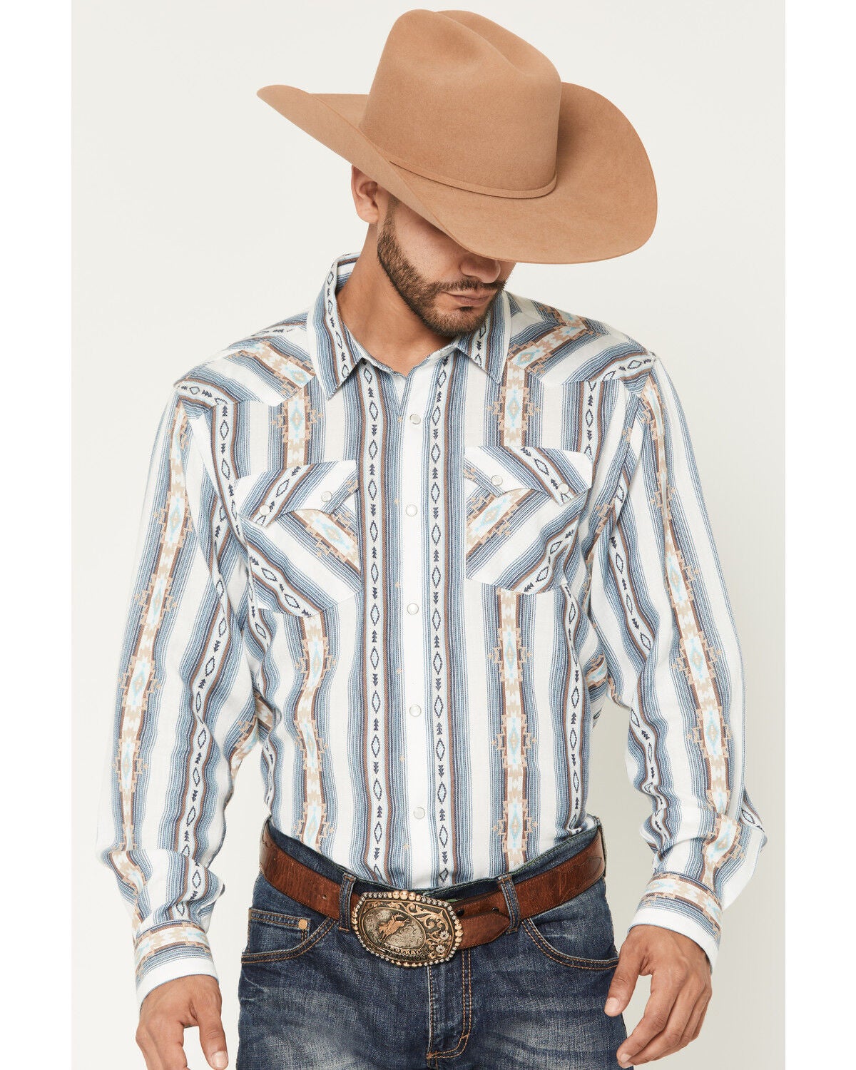 Panhandle Men's Vintage Southwestern Striped Long Sleeve Pearl Snap Western Shirt, Natural, hi-res