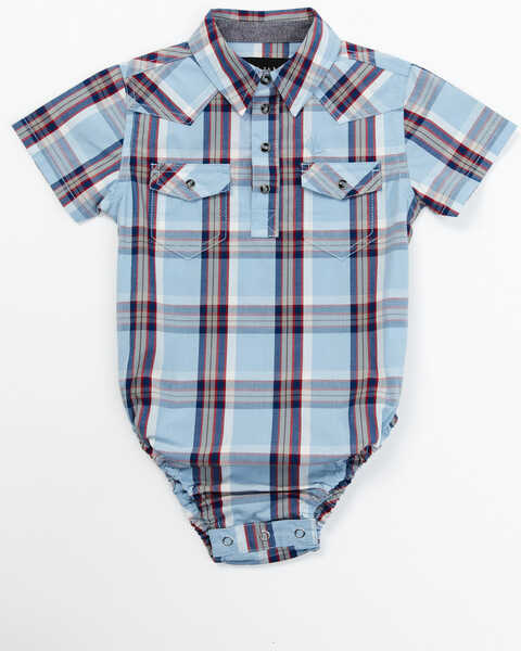 Image #1 - Cody James Infant Boys' Plaid Print Short Sleeve Snap Onesie, Light Blue, hi-res