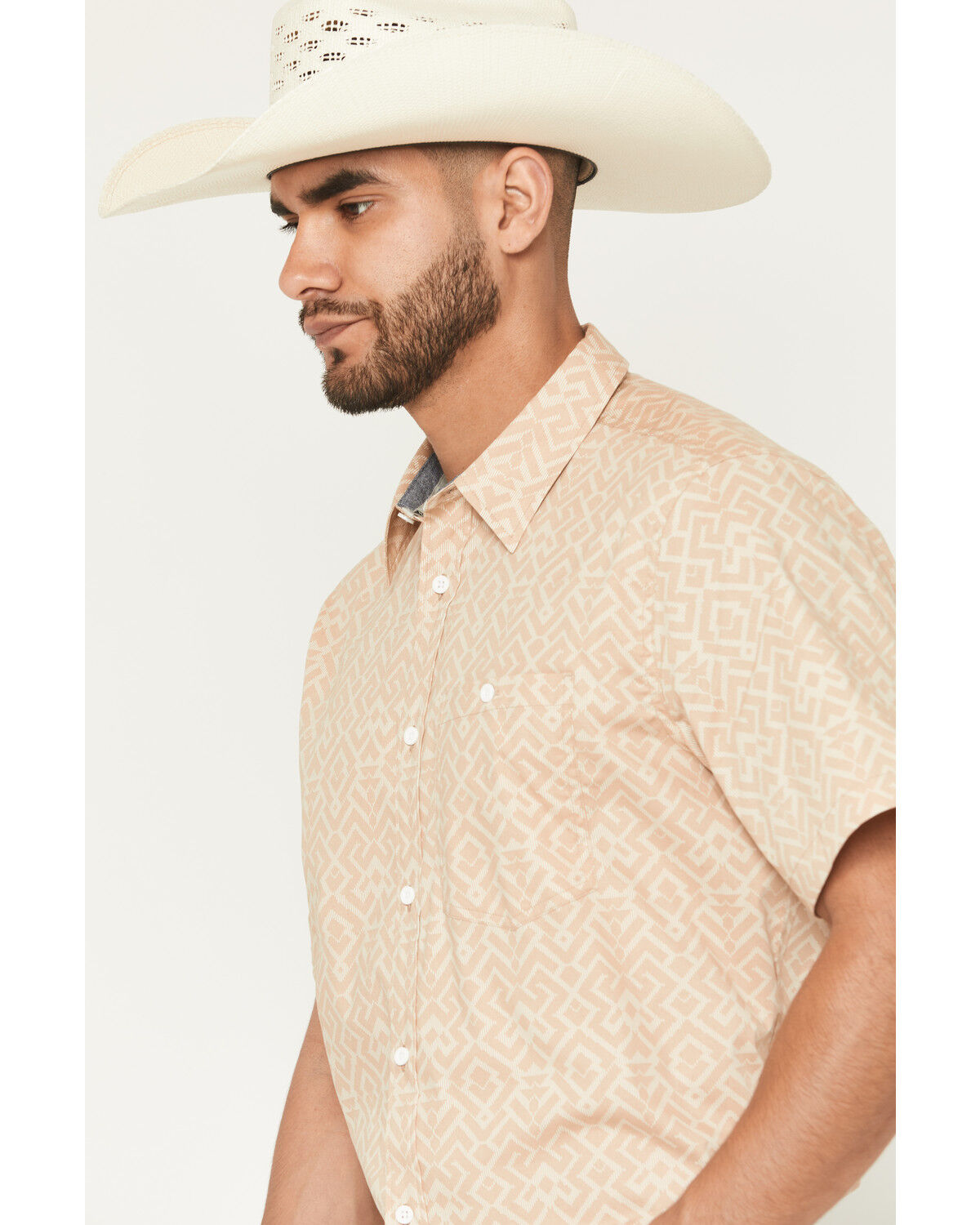 Image #2 - RANK 45® Men's Mustang 2 Geo Print Short Sleeve Button-Down Stretch Western Shirt, Tan, hi-res