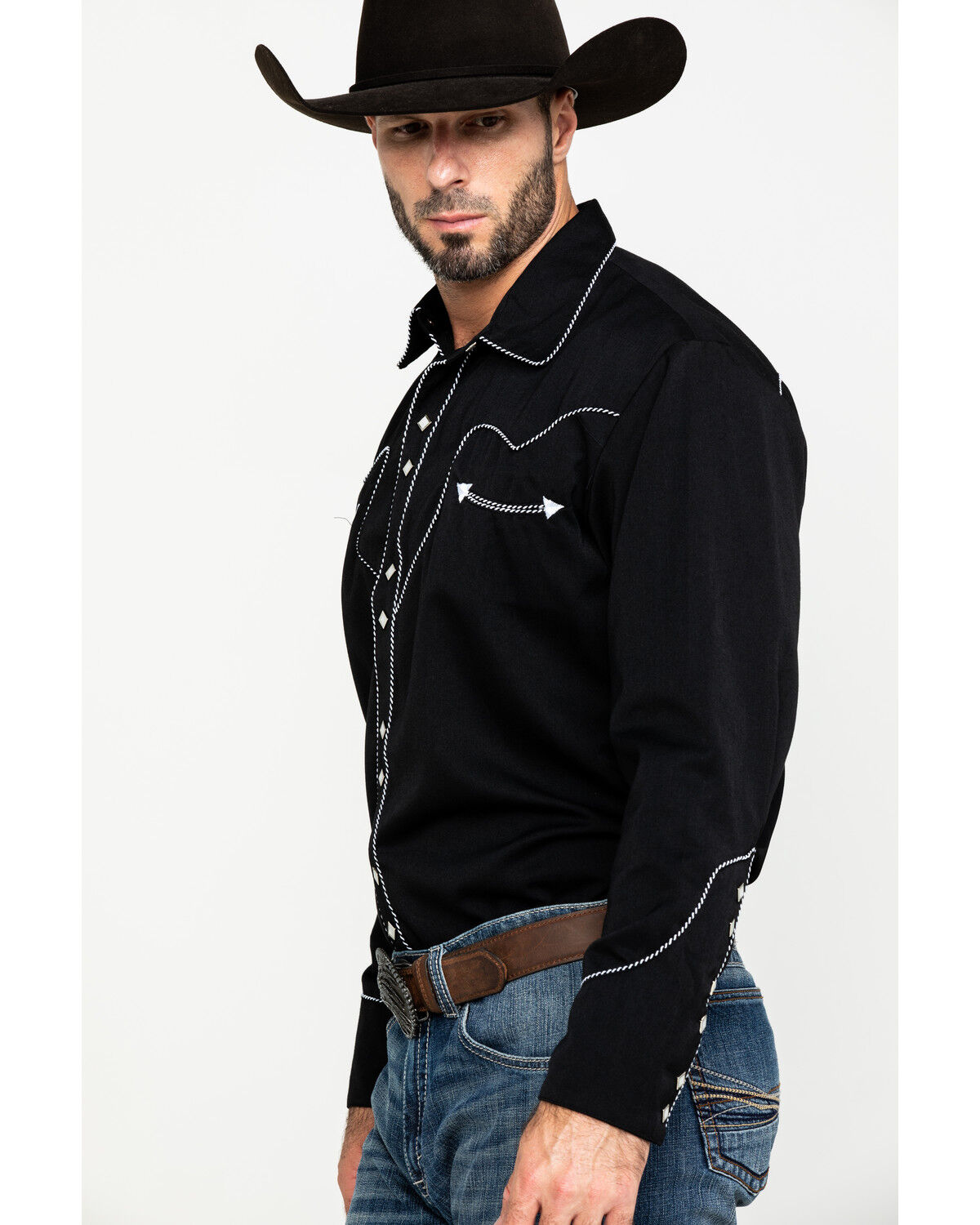 Image #3 - Scully Men's Embroidered Long Sleeve Snap Western Shirt, Black, hi-res