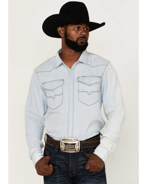 Kimes Ranch Men's Grimes Light Wash Denim Long Sleeve Snap Western Shirt , Light Blue, hi-res