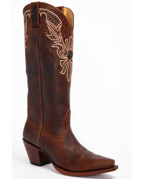 Shyanne Women's Mariel Floral Embroidered Studded Concho Western Boots - Snip Toe, Brown, hi-res