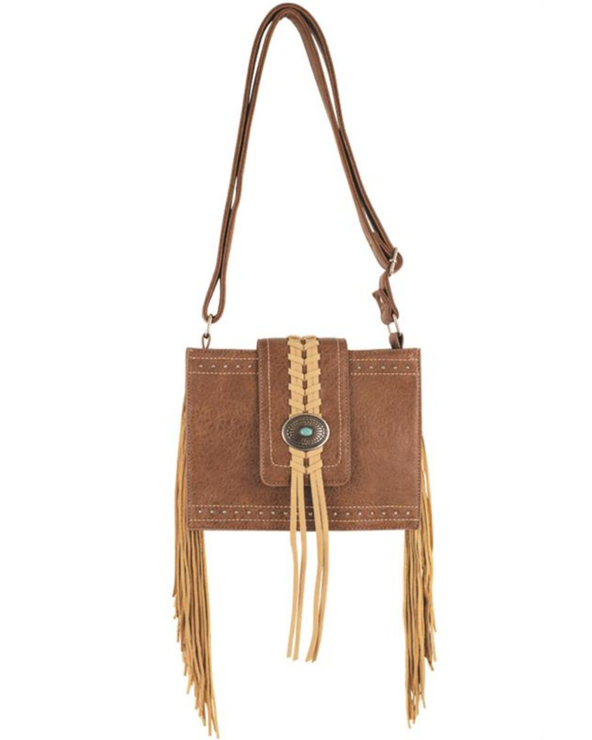 Image #1 - Justin Women's Concho and Fringe Small Crossbody Bag, Brown, hi-res