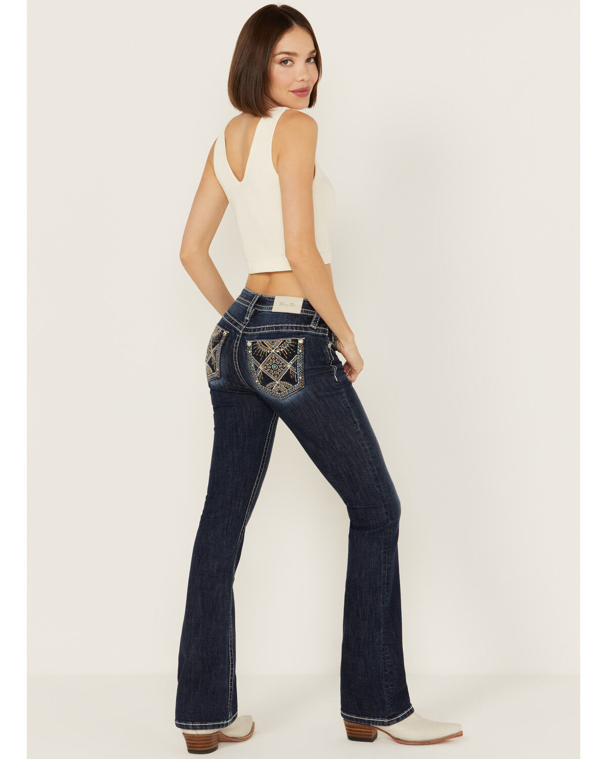Image #1 - Miss Me Women's Dark Wash Mid Rise Patchwork Pocket Bootcut Stretch Denim Jeans, Dark Wash, hi-res