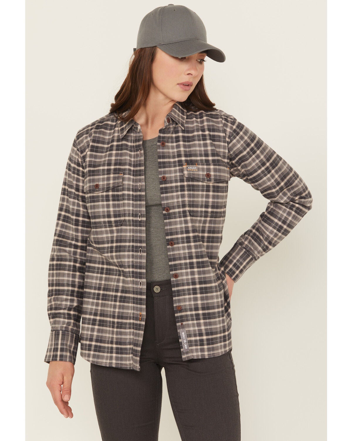Ariat Women's Rebar Flannel DuraStretch Long Sleeve Button-Down Work Shirt, Charcoal, hi-res