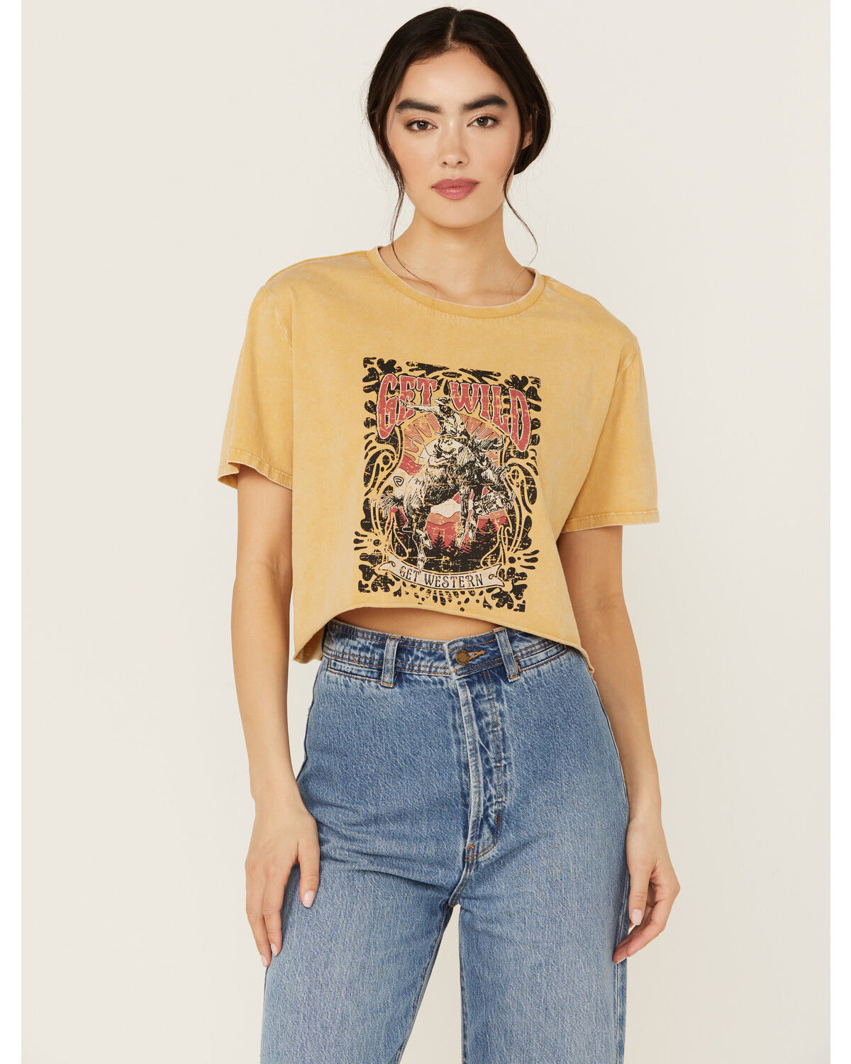 Image #1 - Rock 7 Roll Denim Women's Get Wild Short Sleeve Graphic Tee, Mustard, hi-res