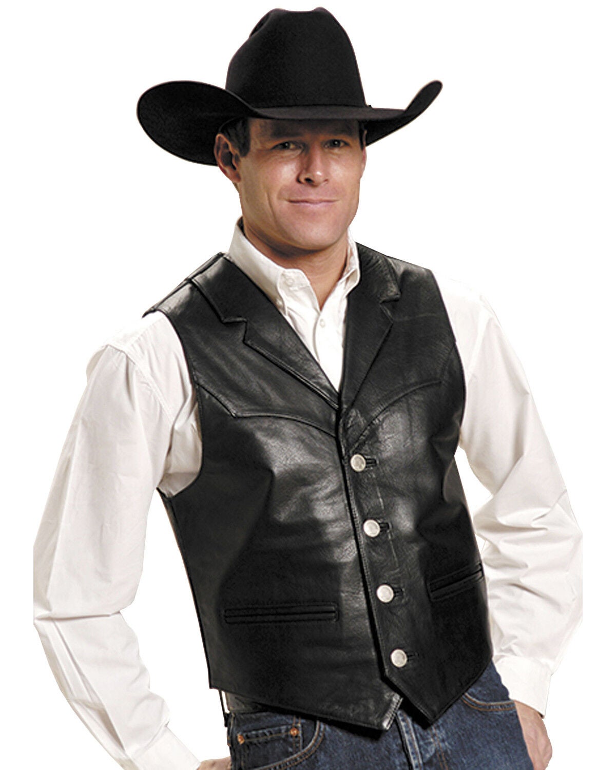 Roper Men's Nappa Notched Collar Leather Vest, Black, hi-res