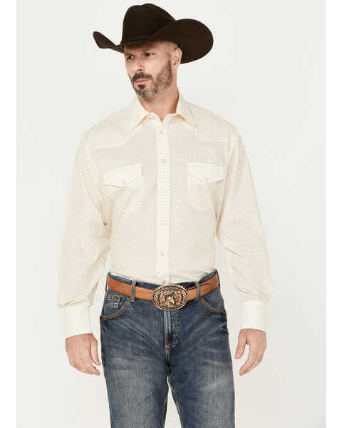 Roper Men's Geo Diamond Print Long Sleeve Pearl Snap Western Shirt , Cream, hi-res