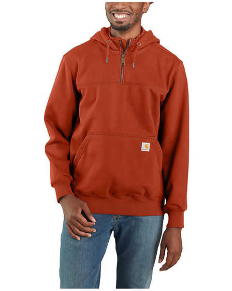 Carhartt Men's Rain Defender Loose Heavyweight 1/4 Zip Hooded Work Sweatshirt, Dark Orange, hi-res
