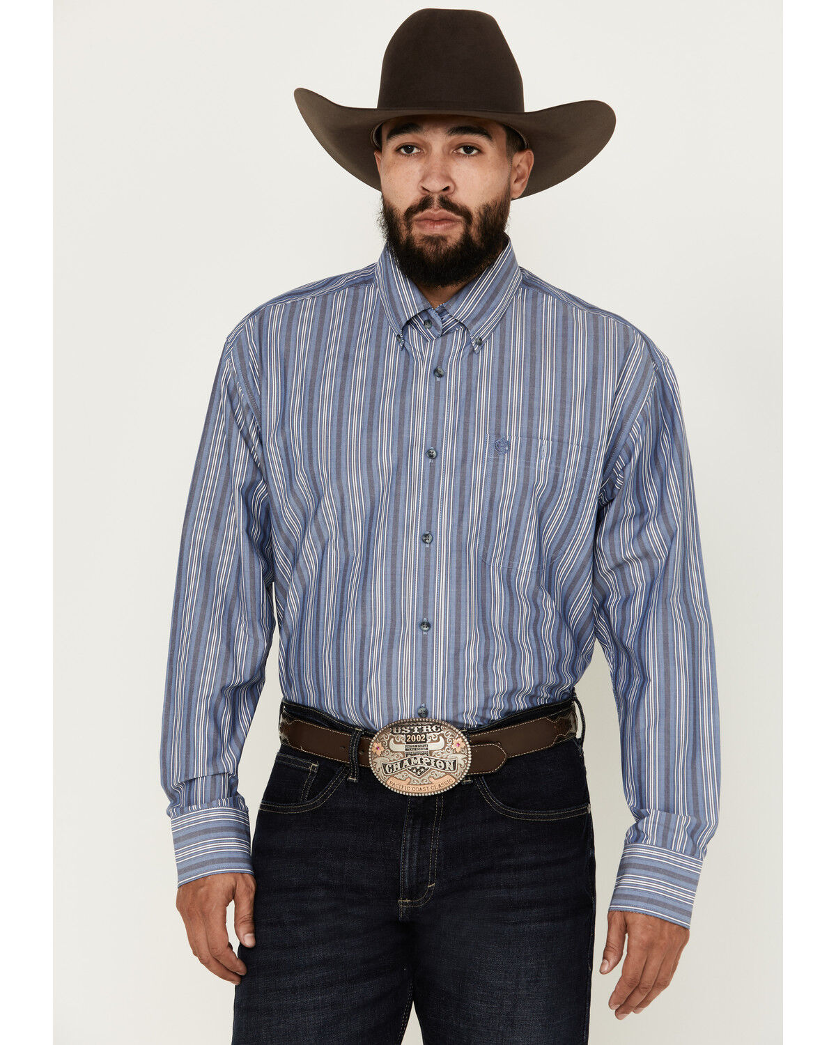 Image #1 - George Strait by Wrangler Men's Striped Long Sleeve Button-Down Western Shirt, Blue, hi-res