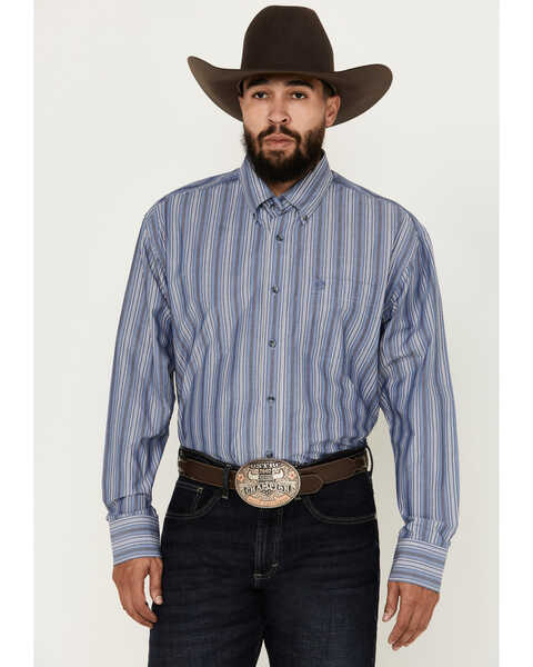 George Strait by Wrangler Men's Striped Long Sleeve Button-Down Western Shirt, Blue, hi-res