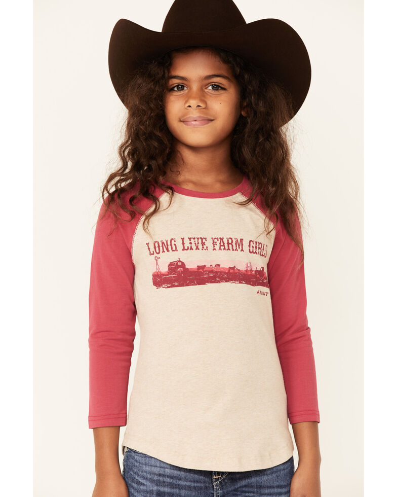 Ariat Girls' R.E.A.L Long Live Farm Girls Graphic Long Sleeve Baseball Tee , Oatmeal, hi-res