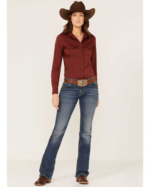 Image #2 - RANK 45® Women's Riding Solid Long Sleeve Snap Western Shirt, Fired Brick, hi-res